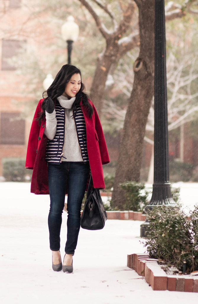 Red Coat + Striped Vest // Leather Gloves for Small Hands