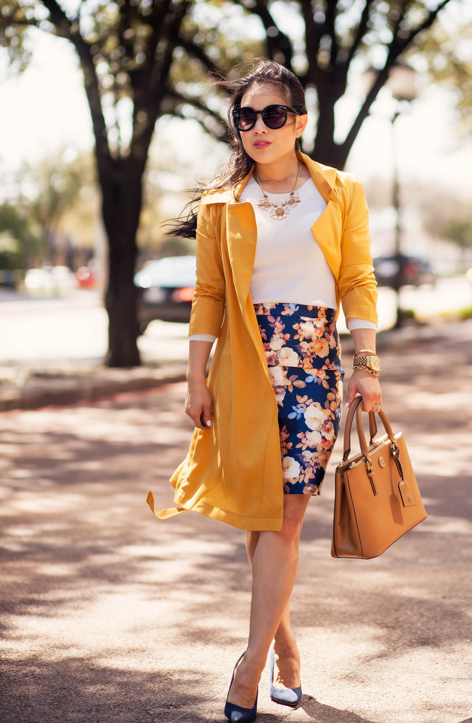 Mustard Wrap Trench + Navy Florals