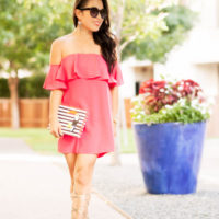 Pink Off-Shoulder Dress + Gladiator Sandals