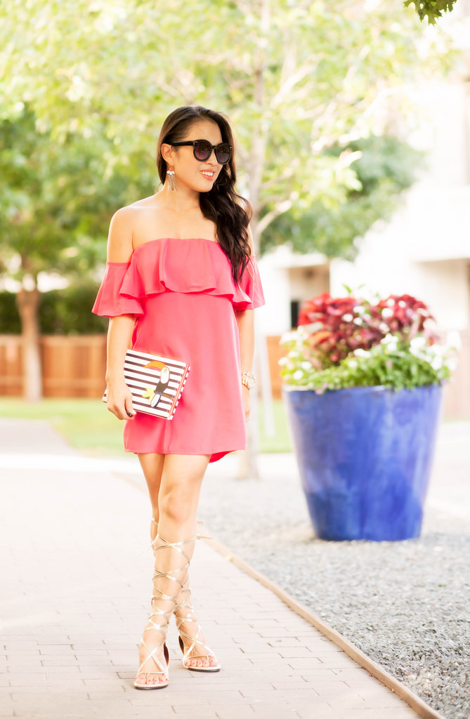 Pink Off-Shoulder Dress + Gladiator Sandals