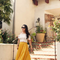 Lace Crop Top + Mustard Pleated Maxi