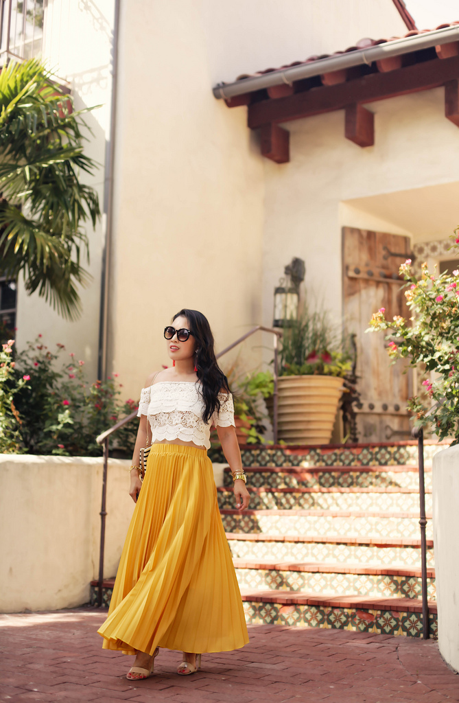 Lace Crop Top + Mustard Pleated Maxi