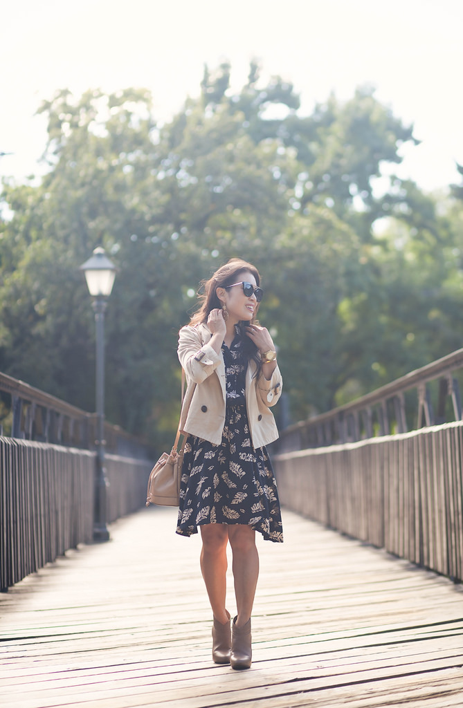 Crop Trench + Leaves Print Dress