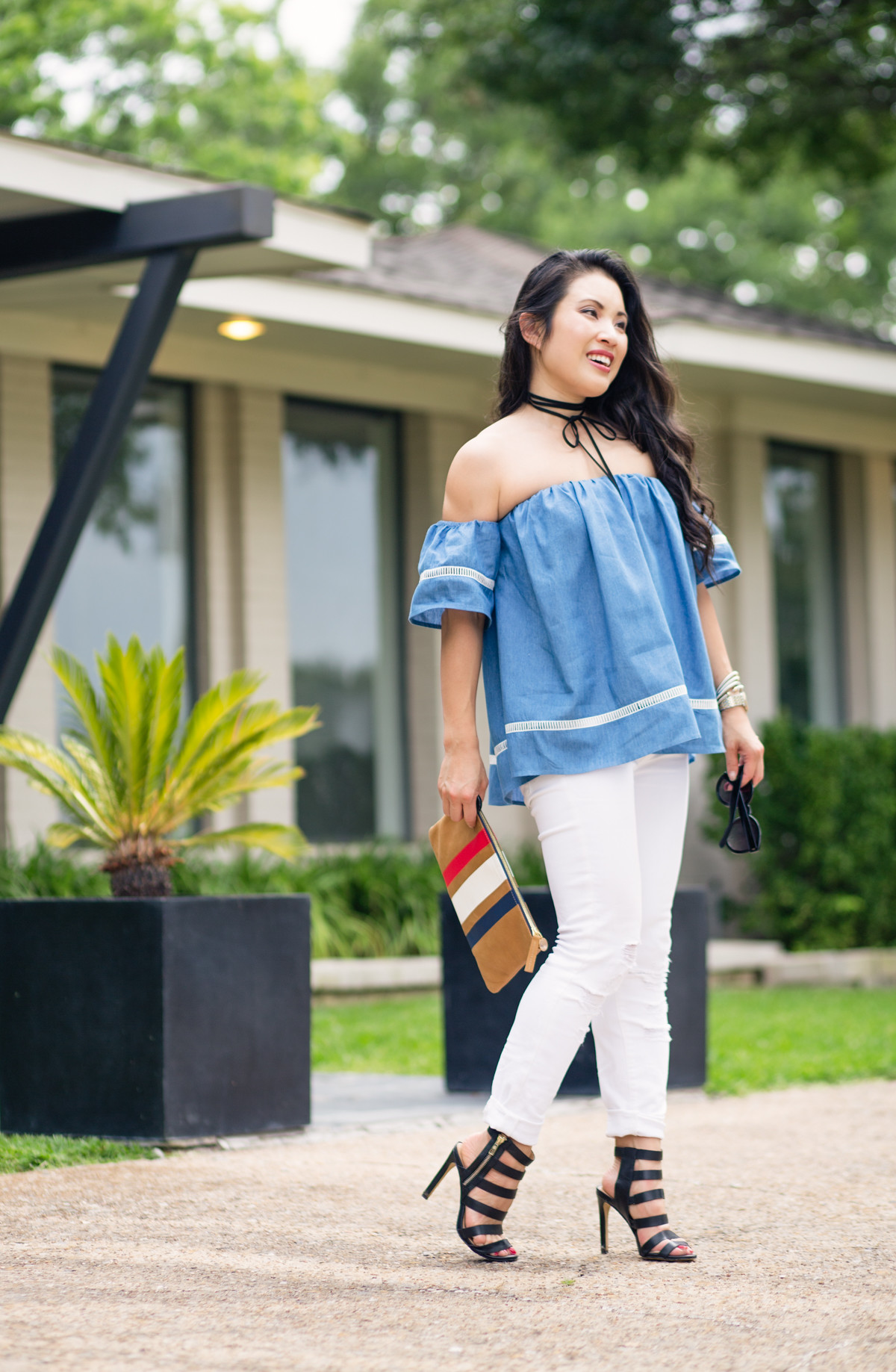 chambray lattice off shoulder blouse, white jeans, caged sandals, choker necklace, striped clare v clutch | july 4 summer outfit