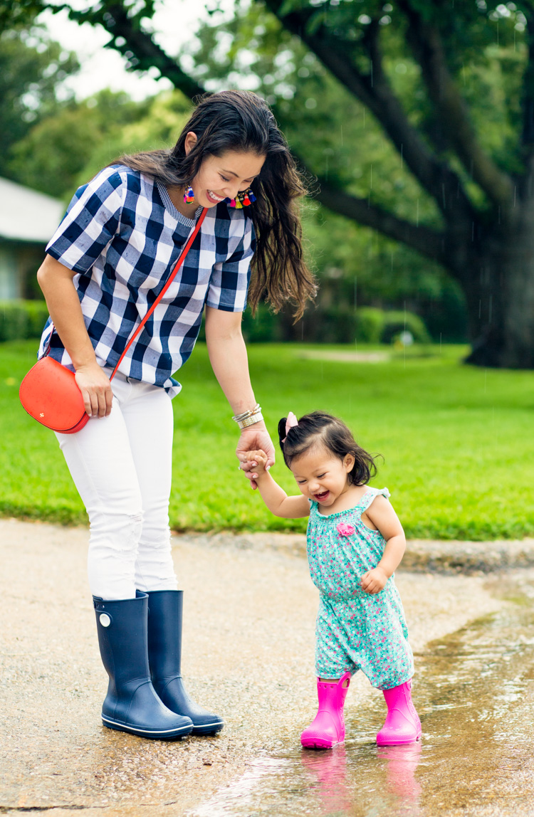 mommy + daughter matching crocs rainboots | spring rainy day outfit