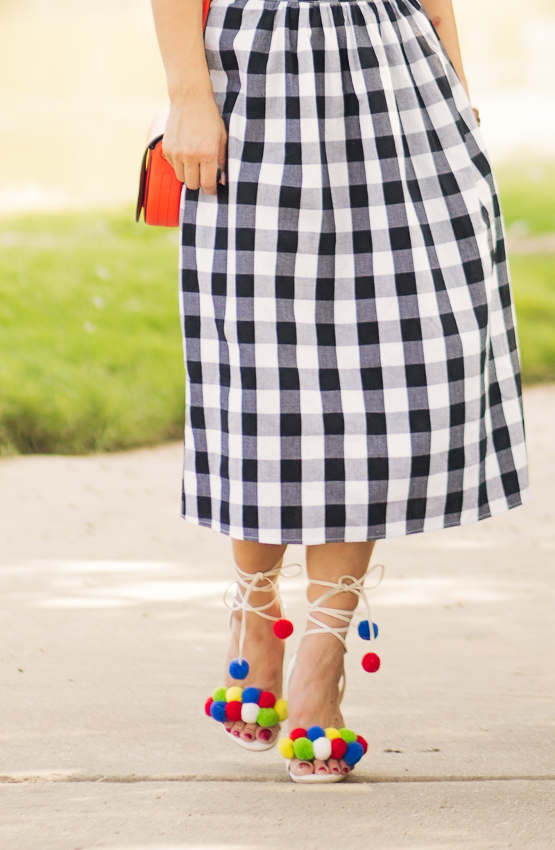 cute & little blog | petite fashion | gingham off-shoulder dress, red saddlebag, pom pom heel sandals, july 4th summer outfit