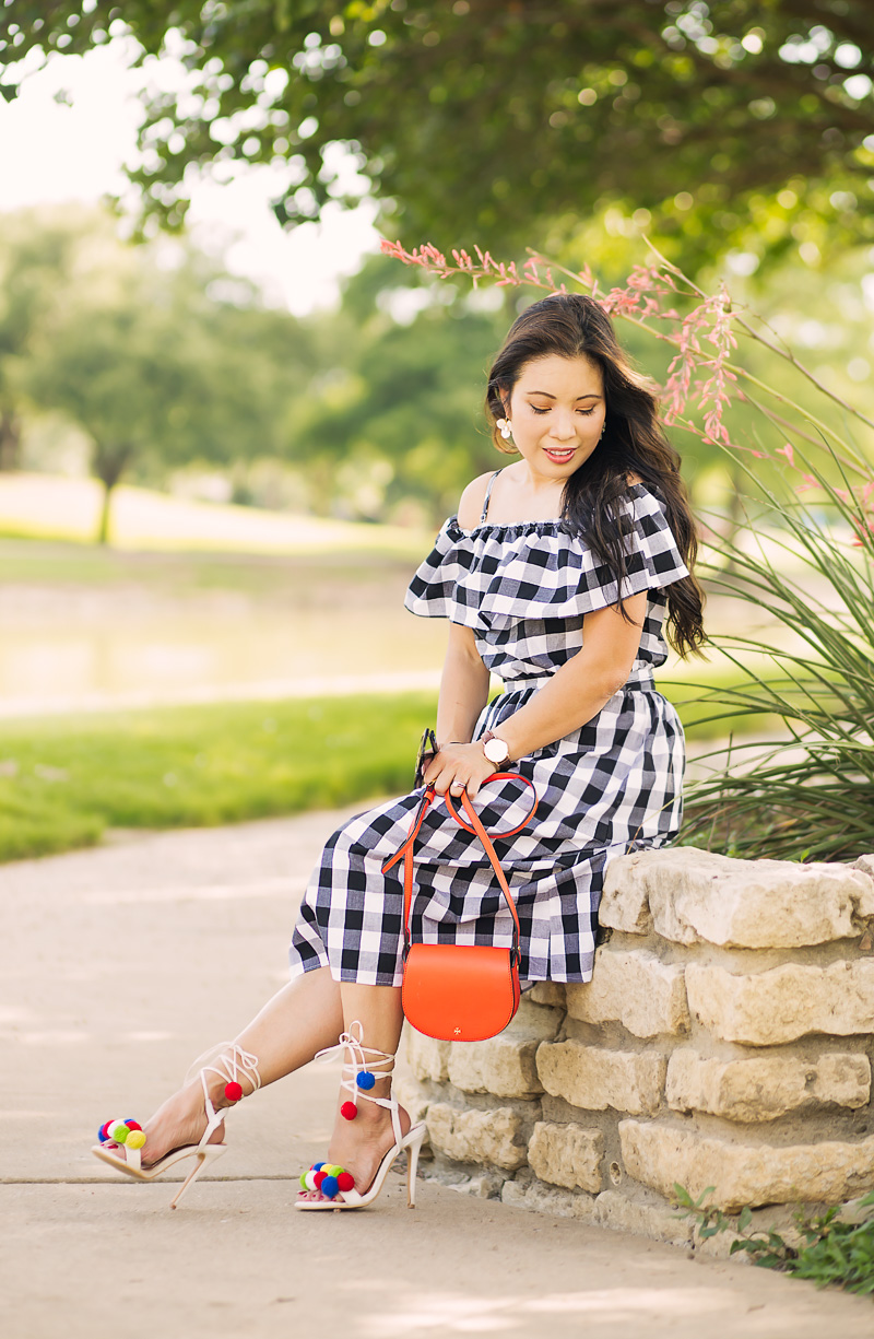 cute & little blog | petite fashion | gingham off-shoulder dress, red saddlebag, pom pom heel sandals, july 4th summer outfit