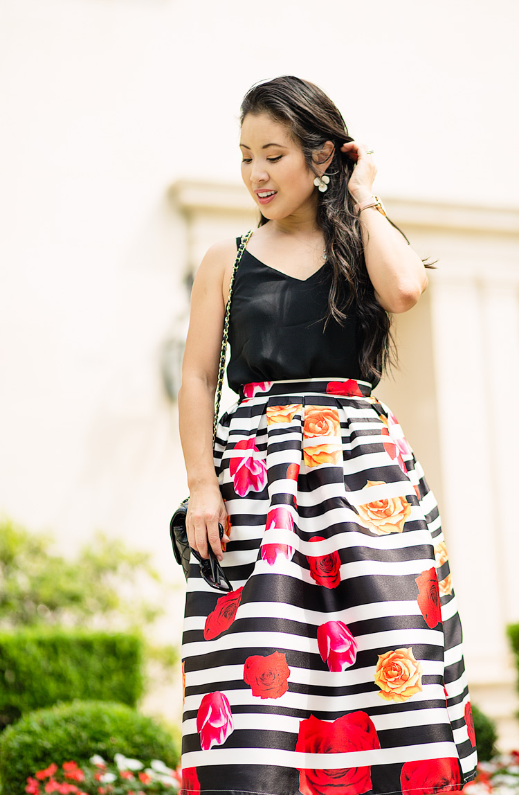 striped rose midi skirt, red bow heels | dressy spring summer outfit