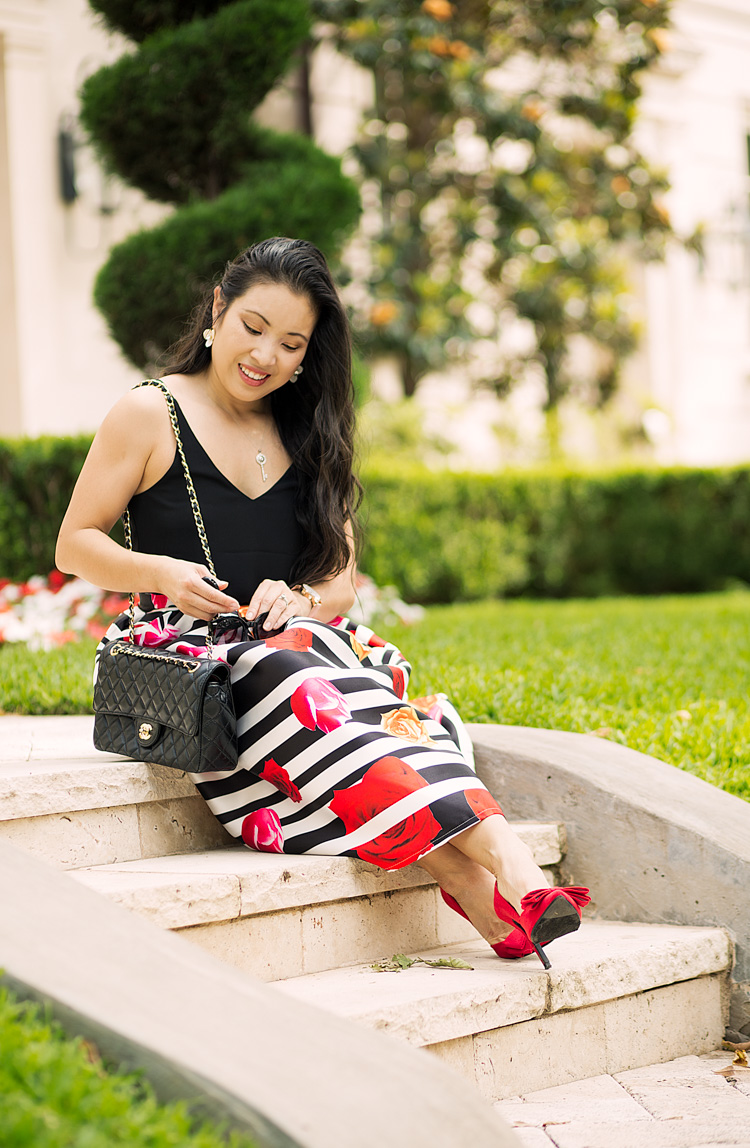 striped rose midi skirt, red bow heels, chanel bag | dressy spring summer outfit