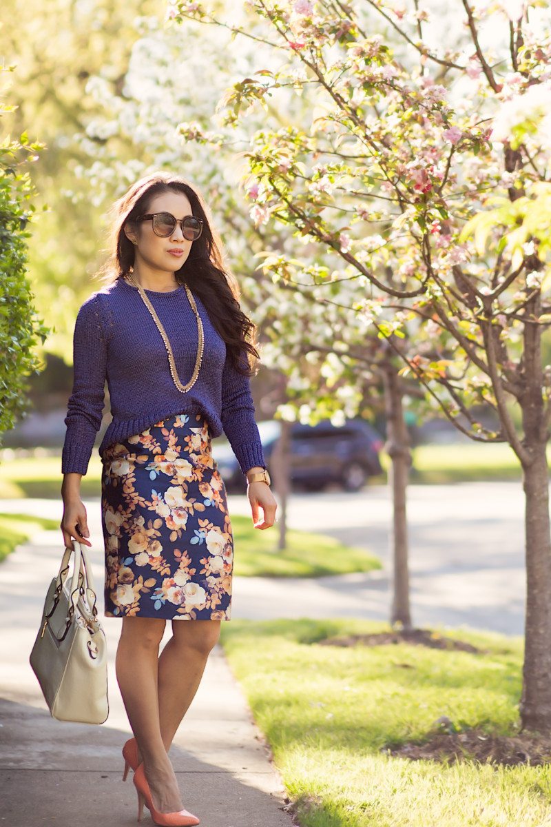 navy blue sweater floral skirt corporate office outfit