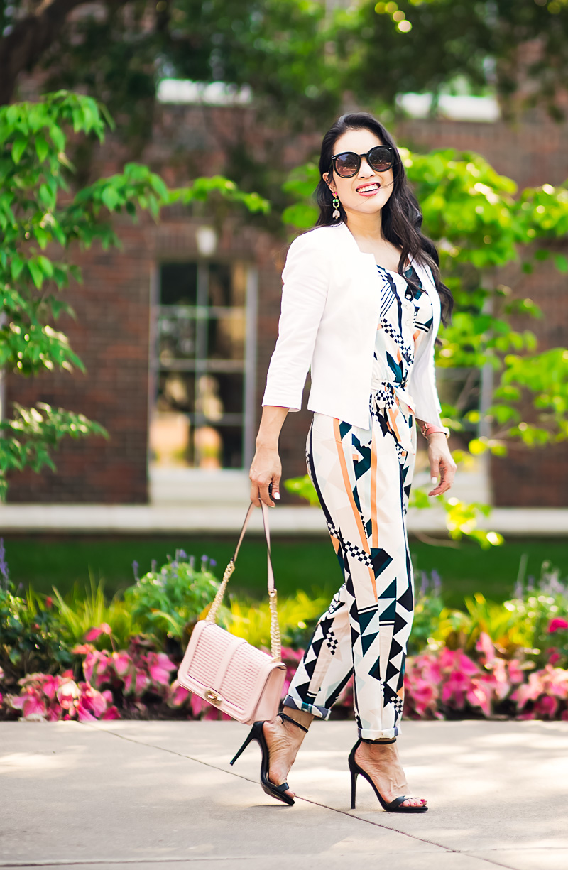white linen blazer, graphic jumpsuit, black strappy sandals | spring summer work outfit