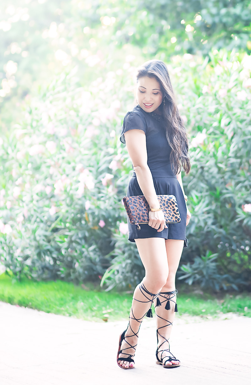 embellished black sheer mesh romper, leopard clutch, m.gemi arioso tassel gladiator sandals | summer outfit