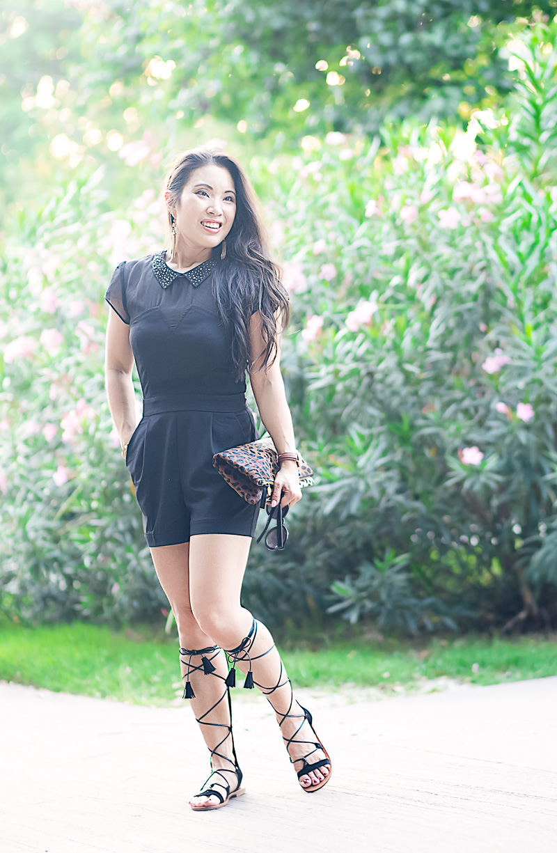 embellished black sheer mesh romper, leopard clutch, m.gemi arioso tassel gladiator sandals | summer outfit