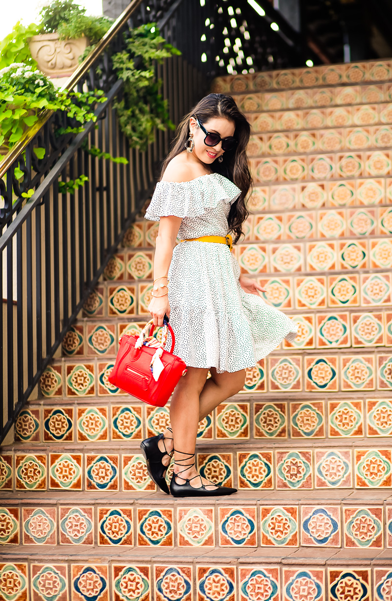 spotted print off-shoulder ruffle dress, lace-up flats, yellow double looped belt knot, red celine nano bag | spring summer outfit