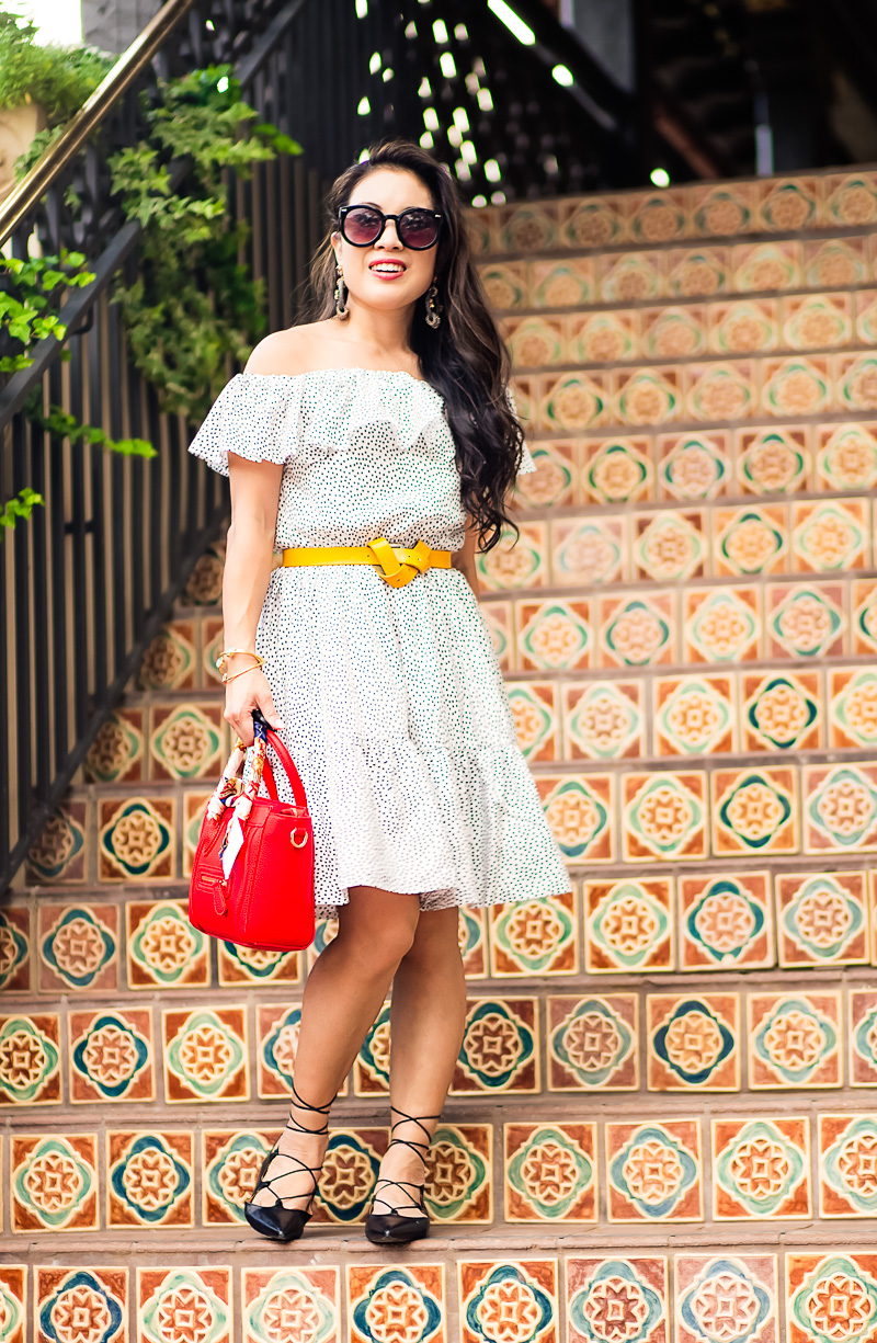 spotted print off-shoulder ruffle dress, lace-up flats, yellow double looped belt knot, red celine nano bag | spring summer outfit
