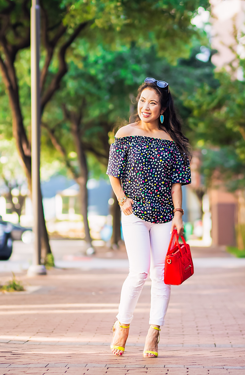 happy cat off shoulder top, white jeans, red nano celine, turquoise earrings | spring summer outfit