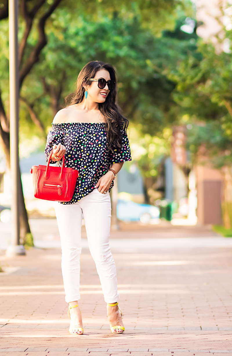happy cat off shoulder top, white jeans, red nano celine, turquoise earrings | spring summer outfit