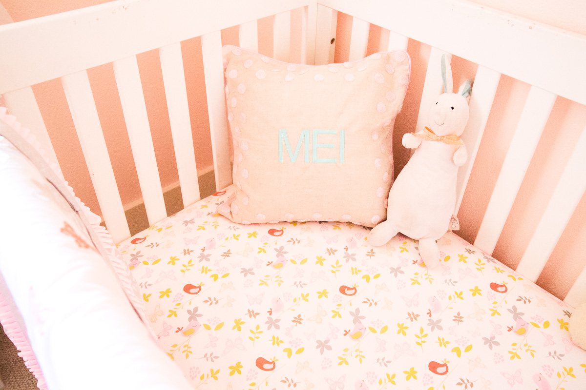 toddler girl pink nursery, crib monogrammed pillow, just born botanica bedding