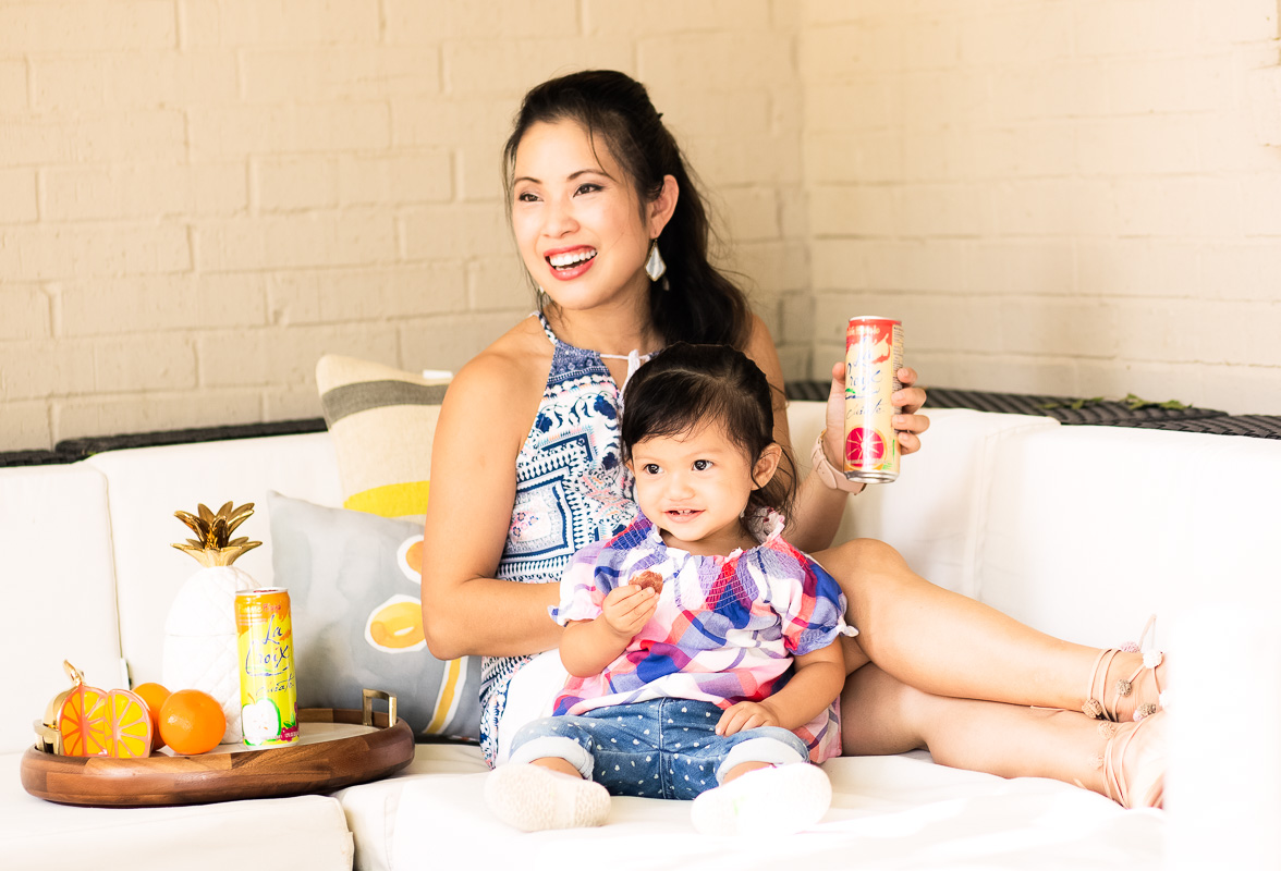 mommy daughter sitting on patio, la croix curate review