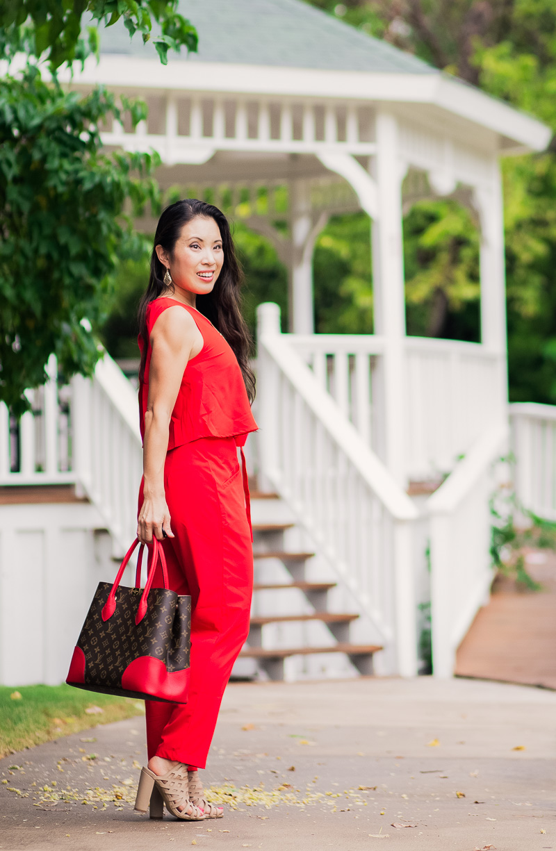 cute & little | petite fashion blog | red jumpsuit, kendra scott adair earrings, long y necklace, louis vuitton flandrin tote, nude strappy heels | summer date night outfit