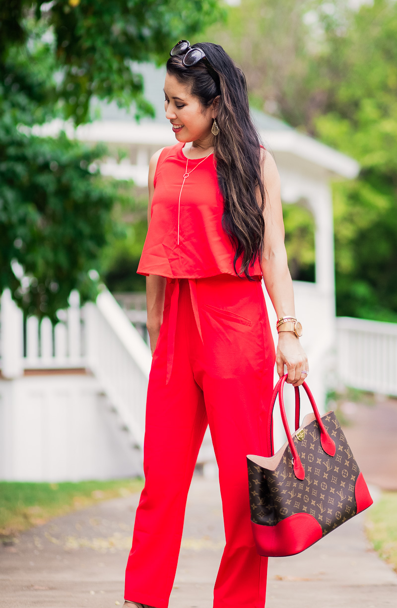 cute & little | petite fashion blog | red jumpsuit, kendra scott adair earrings, long y necklace, louis vuitton flandrin tote, nude strappy heels | summer date night outfit