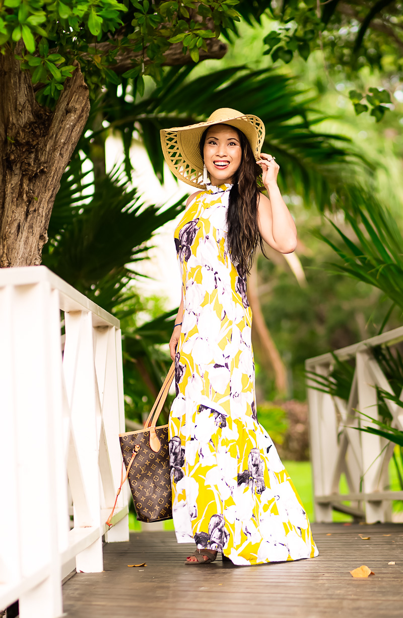 cute & little | petite fashion blog | yellow floral maxi dress, floppy hat, lace-up strappy heels | spring summer beach outfit