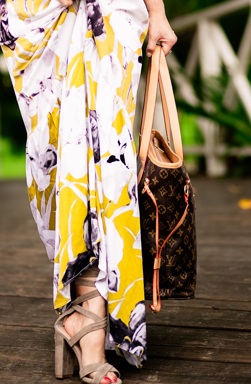 cute & little | petite fashion blog | yellow floral maxi dress, lace-up strappy heels | spring summer beach outfit