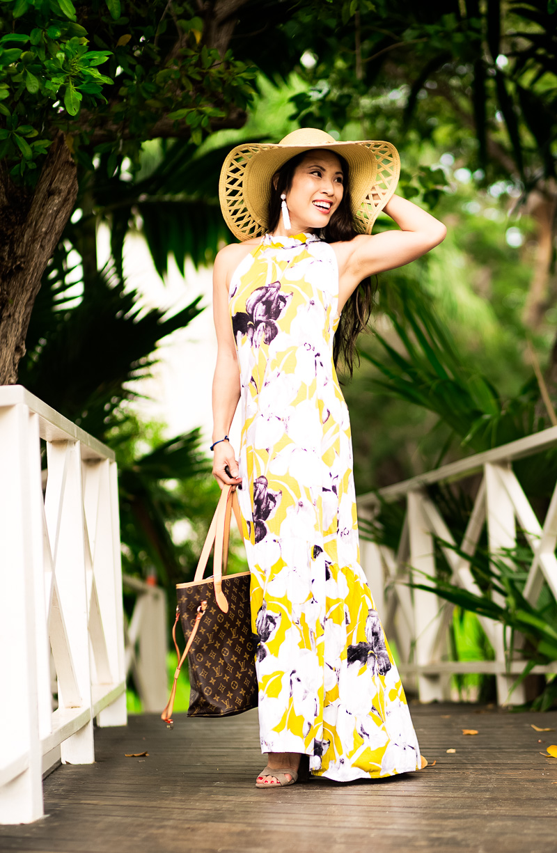 cute & little | petite fashion blog | yellow floral maxi dress, floppy hat, lace-up strappy heels | spring summer beach outfit