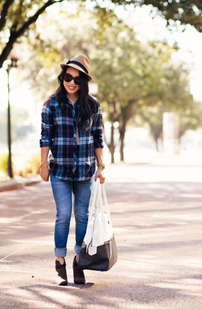 cute & little | petite fashion blog | plaid shirt, wool fedora hat, ankle booties | fall outfit