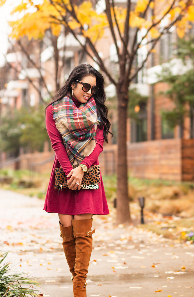 cute & little | petite fashion blog | sweater dress, blanket scarf, over the knee boots, leopard clutch | fall outfit