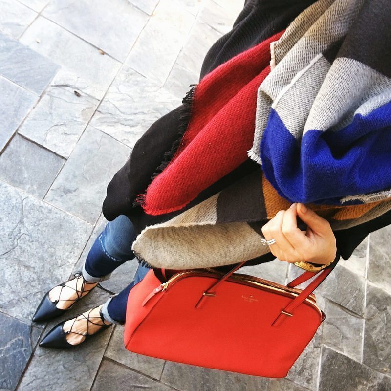 cute & little | petite fashion blog | colorblock scarf | lace-up flats, kate spade red satchel | fall outfit