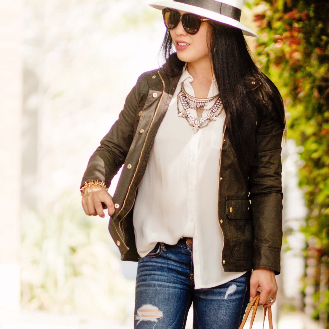 petite fashion blog | j.crew field utility jacket, white blouse, panama hat, distressed jeans | fall outfit