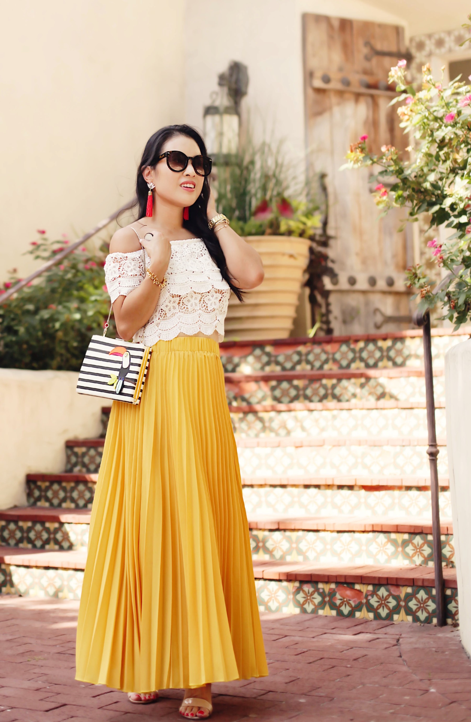petite fashion blog | lace off shoulder crop top, yellow pleated maxi skirt, kate spade toucan clutch | summer outfit