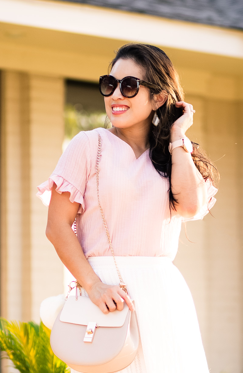 cute & little | petite fashion blog | pink seersucker ruffle sleeve top, white eyelet skirt, pom pom pink heel sandals, chloe drew dupe, rocksbox kendra scott alex earrings | summer outfit