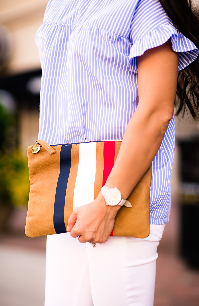 cute & little | petite fashion blog | blue stripe ruffle sleeve peter pan top, clare v striped clutch, baublebar flamenco drops, breda watch | summer outfit