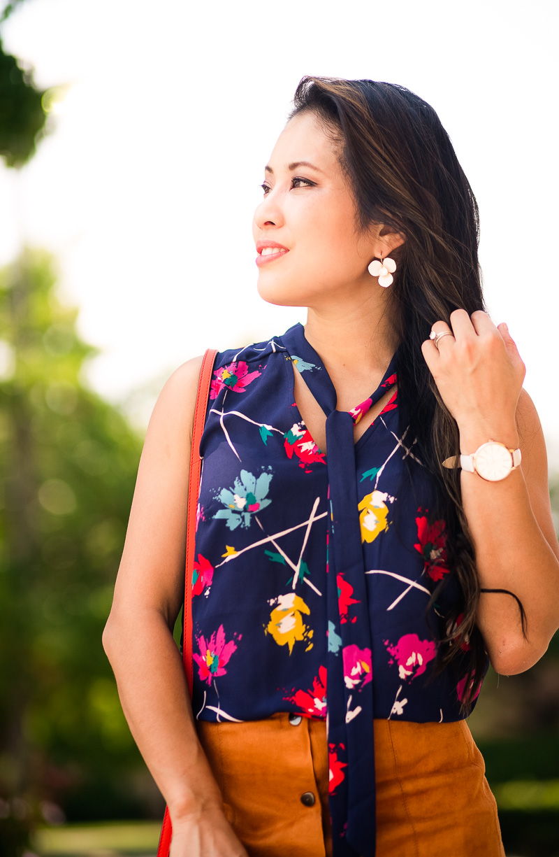cute & little | petite fashion blog | navy floral tie blouse, kate spade pansy earrings, breda joule watch | summer fall transition outfit