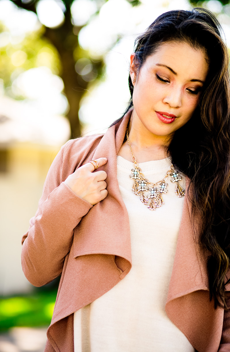 cute & little blog | petite fashion | pink drapey jacket, rocksbox necklace, keep collective xo earrings, mejuri ring | fall outfit