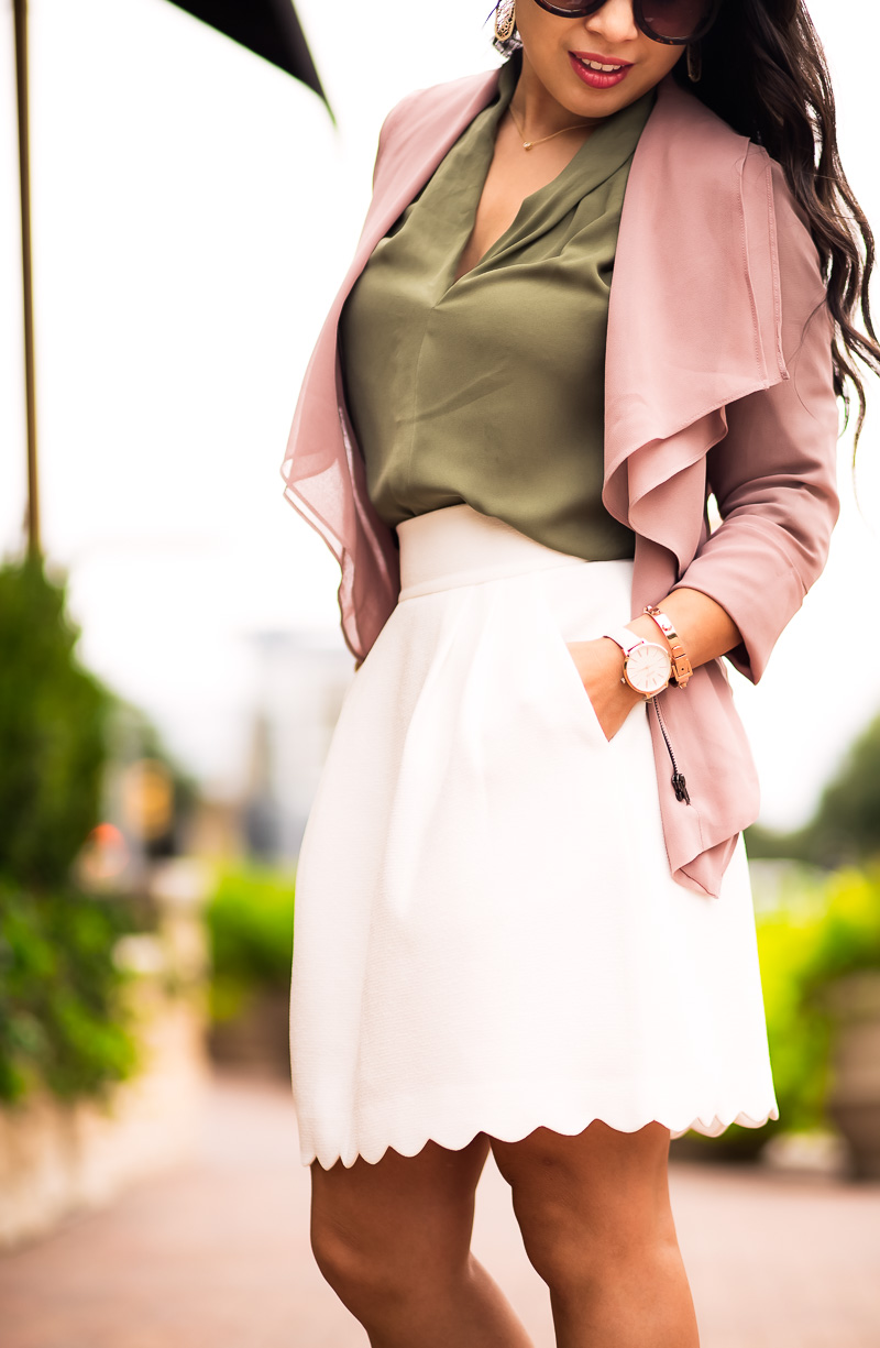 cute & little | petite fashion blog | pink blush cascade blazer, olive blouse, white scallop skirt, louboutin so kate pumps | fall outfit