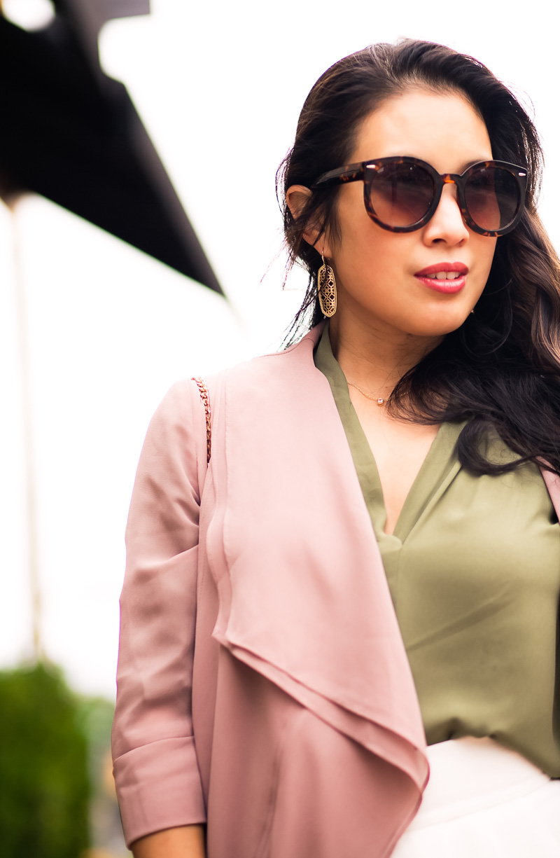 cute & little | petite fashion blog | pink blush cascade blazer, olive blouse, white scallop skirt, louboutin so kate pumps | fall outfit