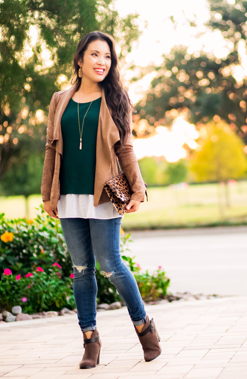 cute & little blog | petite fashion | suede tan moto jacket, green layered sweater, distressed jeans, ankle booties, leopard clutch | fall outfit