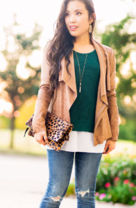 cute & little blog | petite fashion | suede tan moto jacket, green layered sweater, distressed jeans, ankle booties, leopard clutch | fall outfit