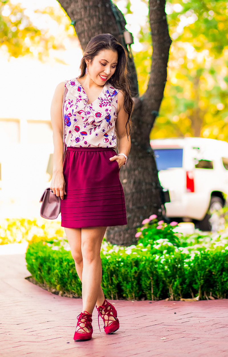 cute & little blog | petite fashion | floral blouse, wine skater skirt, aerosoles goodnight lace-up flats | summer fall transition outfit