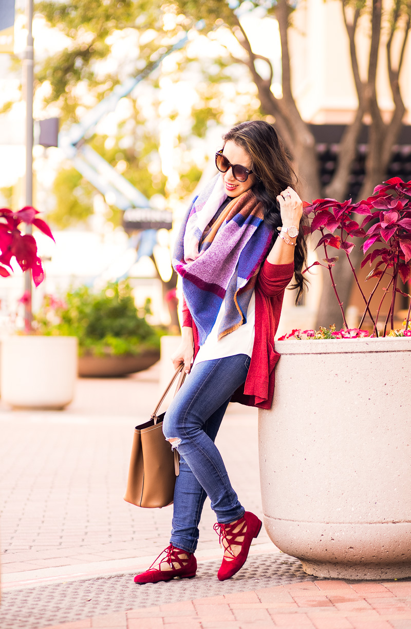 cute & little | petite fashion blog | burgundy long cardigan, colorblock blanket scarf, aerosoles goodness wine lace-up flats | fall outfit
