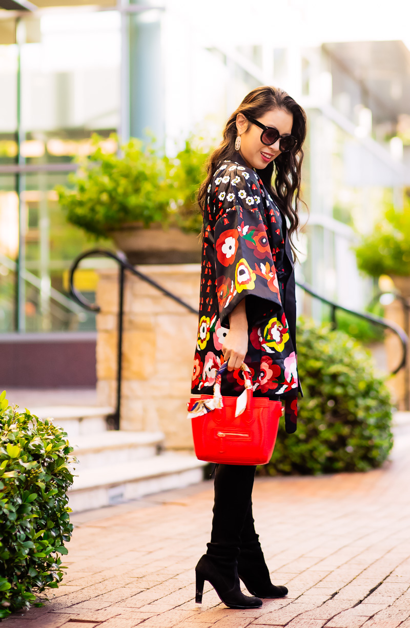 cute & little | petite fashion blog | floral kimono, stuart weitzman black highland over the knee boots, red celine nano | fall outfit