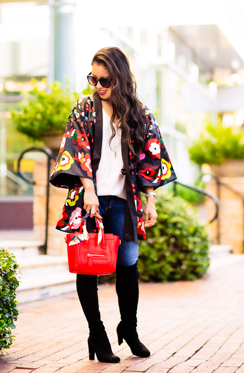 cute & little | petite fashion blog | floral kimono, stuart weitzman black highland over the knee boots, red celine nano | fall outfit