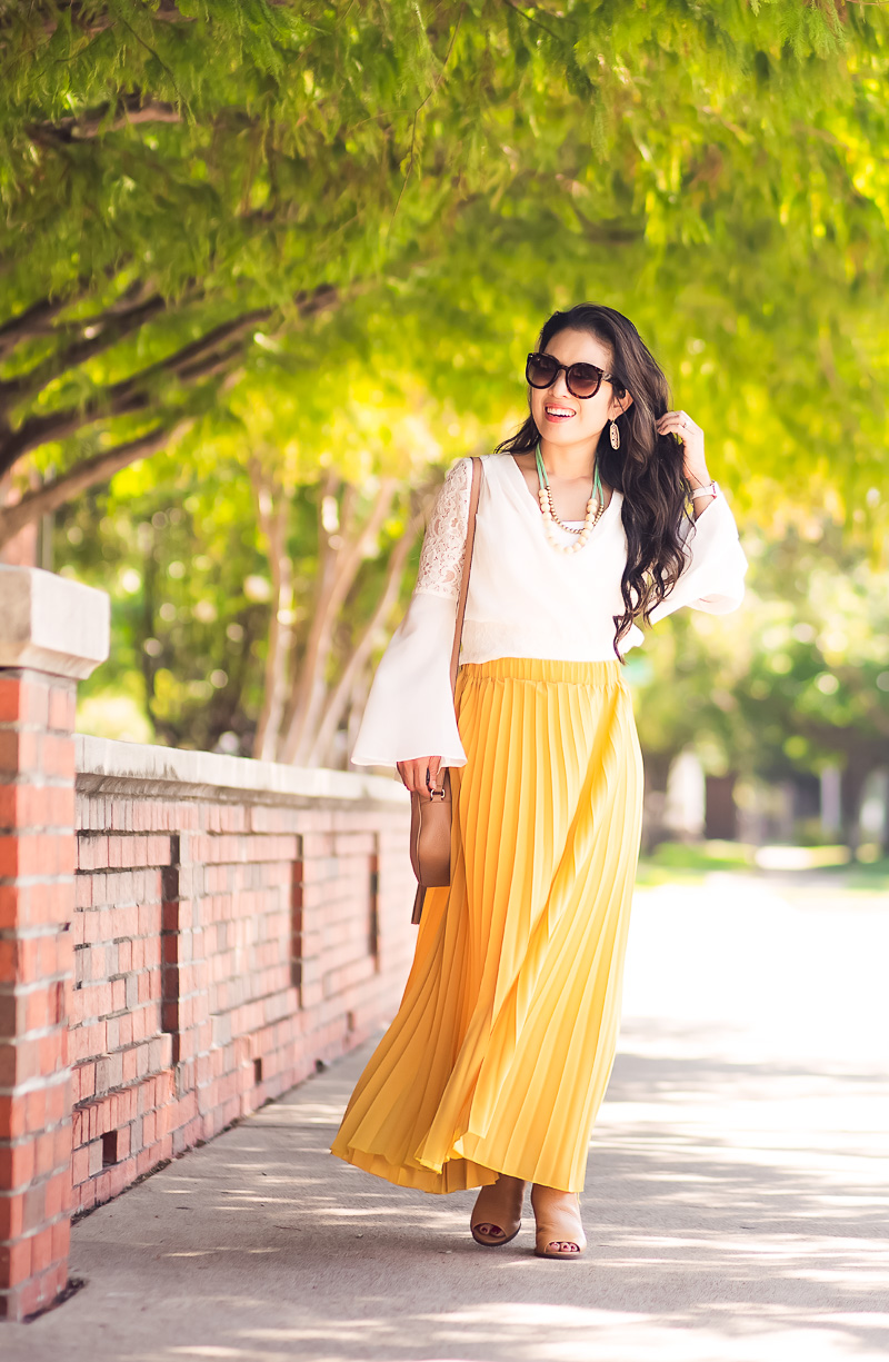 cute & little | petite fashion blog | white bell sleeve blouse, yellow pleated maxi skirt, gucci soho disco bag, the jones market mama necklace, ankle booties | summer fall transition outfit