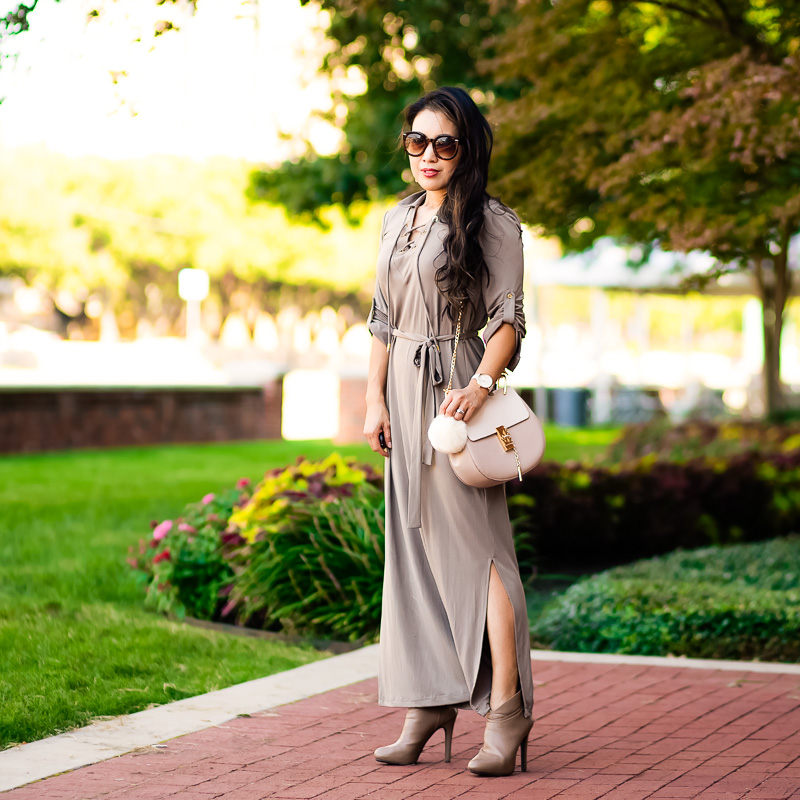 cute & little | petite fashion blog | taupe lace-up maxi dress, taupe ankle booties, chloe drew look for less | fall outfit