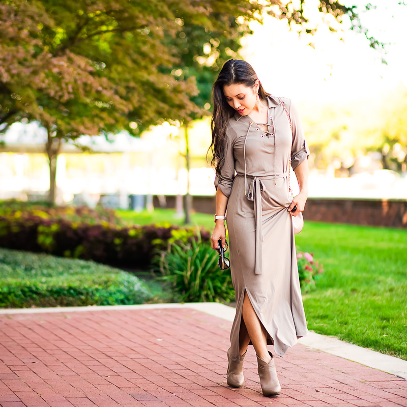 cute & little | petite fashion blog | taupe lace-up maxi dress, taupe ankle booties, chloe drew look for less | fall outfit