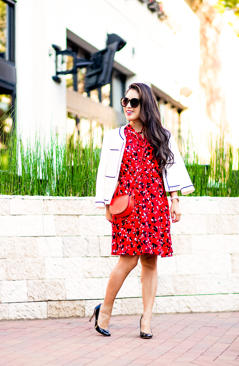 cute & little | petite fashion blog | red floral dress, tweed white black contrast blazer, tory burch red saddle bag | fall outfit