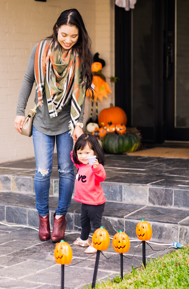 cute & little | petite fashion blog | mommy daughter fall outfit | olive green, blanket scarf, wine ankle booties | outdoor halloween oriental trading decor